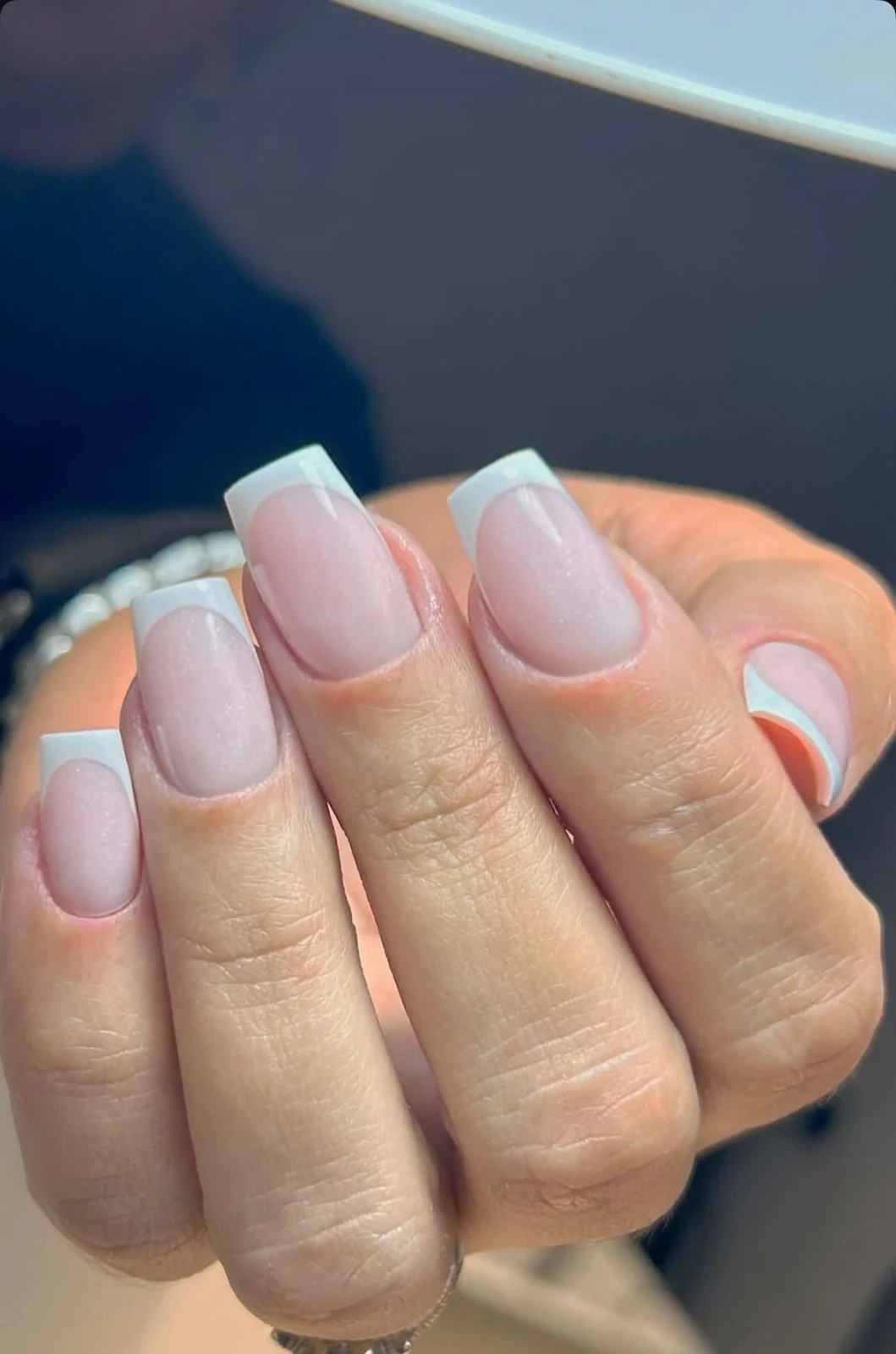 Square french tip nails with subtle glitter gel base, Capel Street Dublin