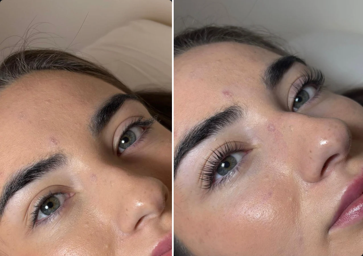 Before and after lash lift close-up on a client at Blend Beauty Artisans, Capel Street Dublin