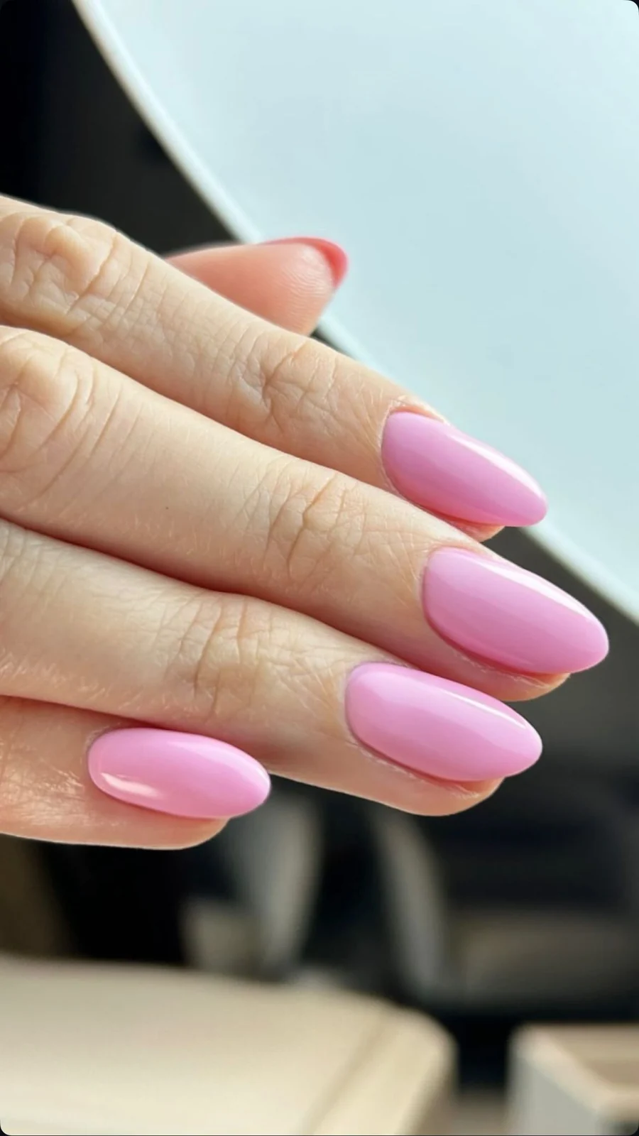 Almond-shaped pink shellac gel nails at Blend Beauty Artisans, Dublin 1