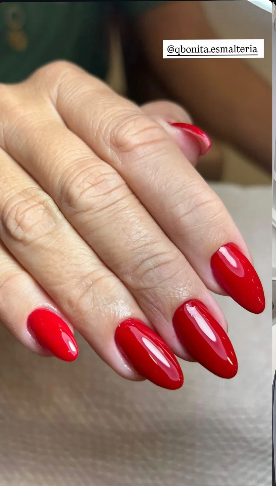 Bright red almond shellac gel nails at Blend Beauty Artisans, Dublin 1